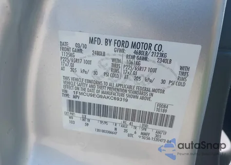 2010 Ford Escape Limited из США, поврежденный, VIN 1FMCU9EG9AKC69319